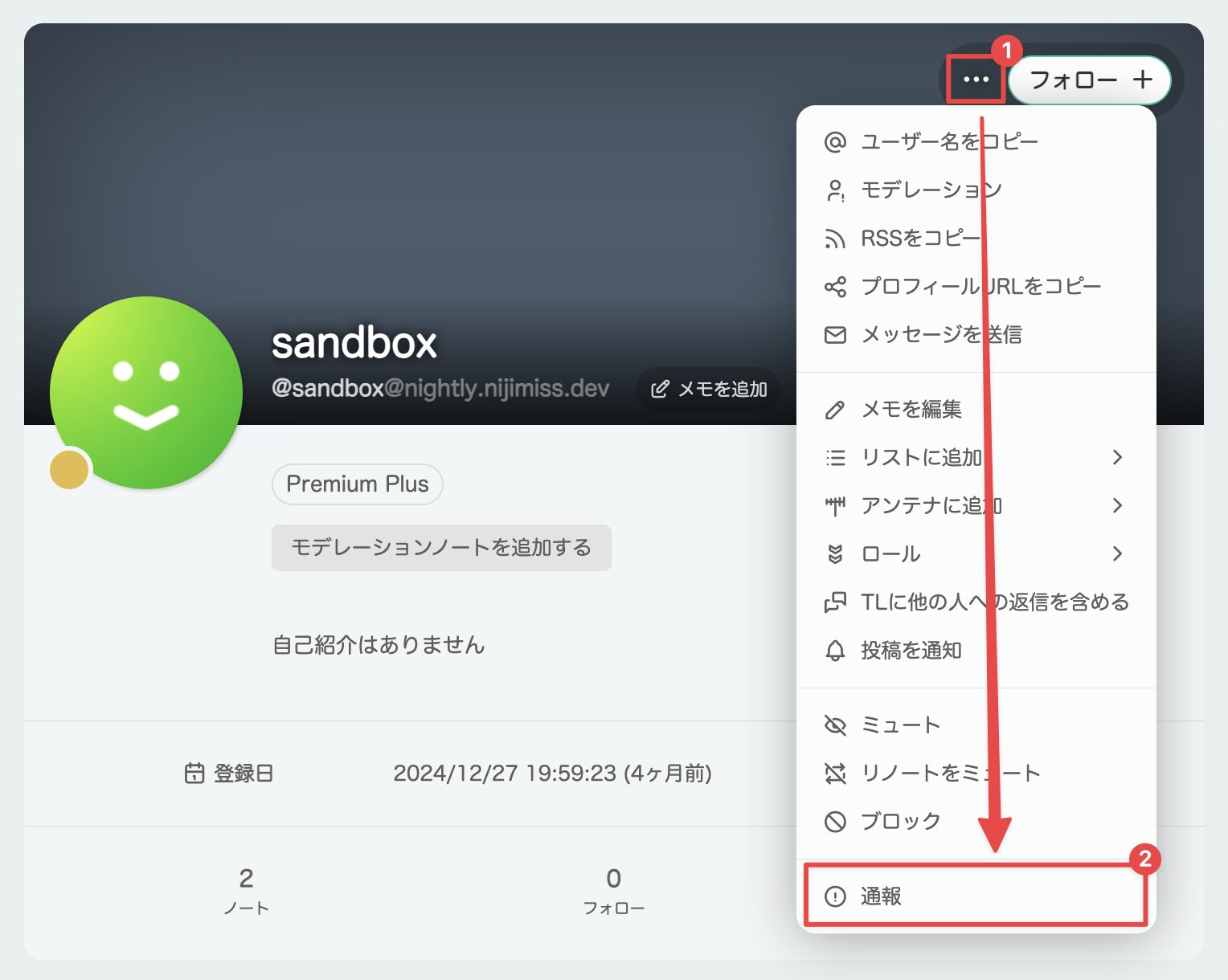 プロフィールの「…」メニューから「通報」を選択する手順